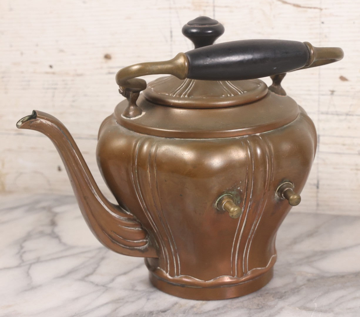 Lot 023 - Antique Art Nouveau Copper Teapot With Original Matching Stand, Pewter Burner, Black Wood Handle, Manufactured By S. Sternau & Co., (S & S Co. Trademark), New York, Circa 1900
