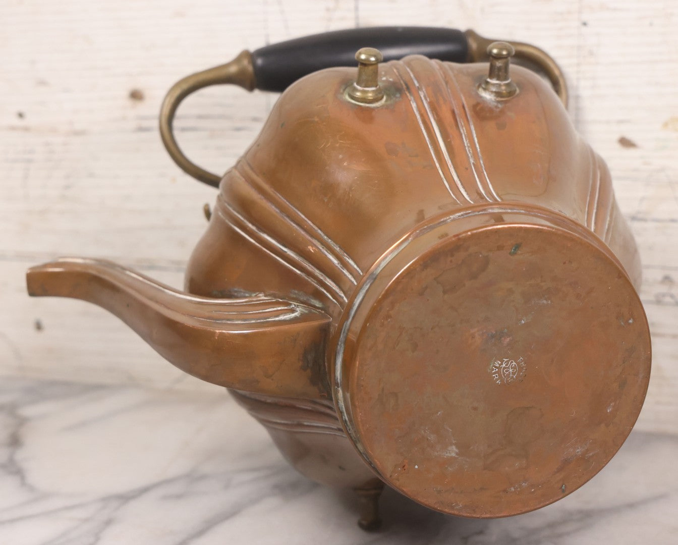 Lot 023 - Antique Art Nouveau Copper Teapot With Original Matching Stand, Pewter Burner, Black Wood Handle, Manufactured By S. Sternau & Co., (S & S Co. Trademark), New York, Circa 1900