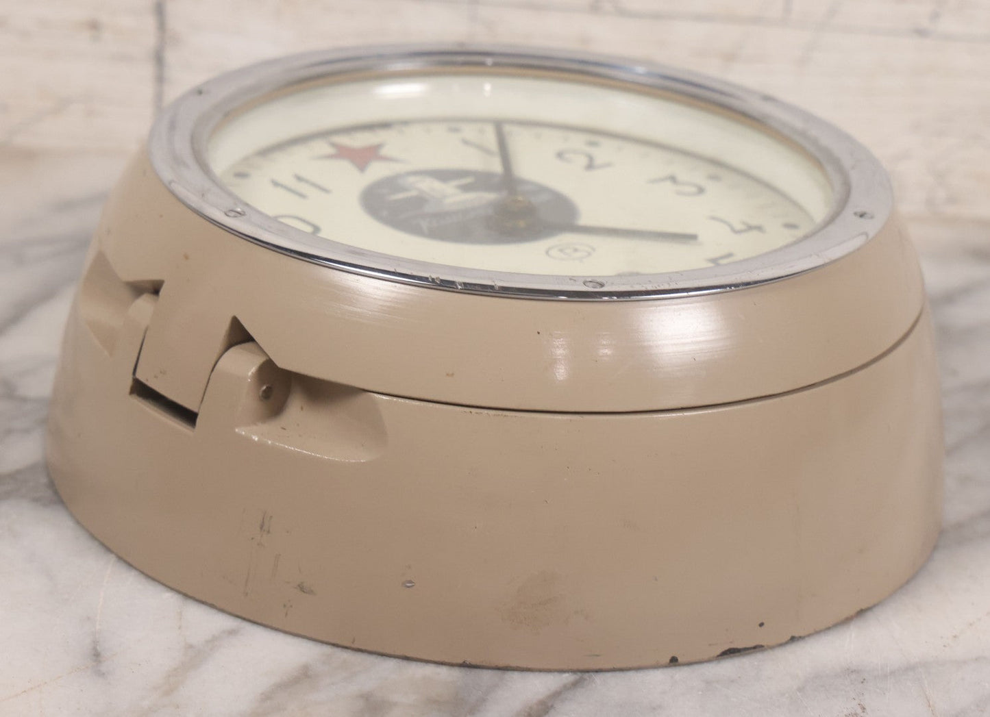 Lot 025 - Vintage Soviet Naval Bulkhead Clock "Komandirskie" With Submarine Logo, Made In U.S.S.R., Vostok Factory, No Key, Untested