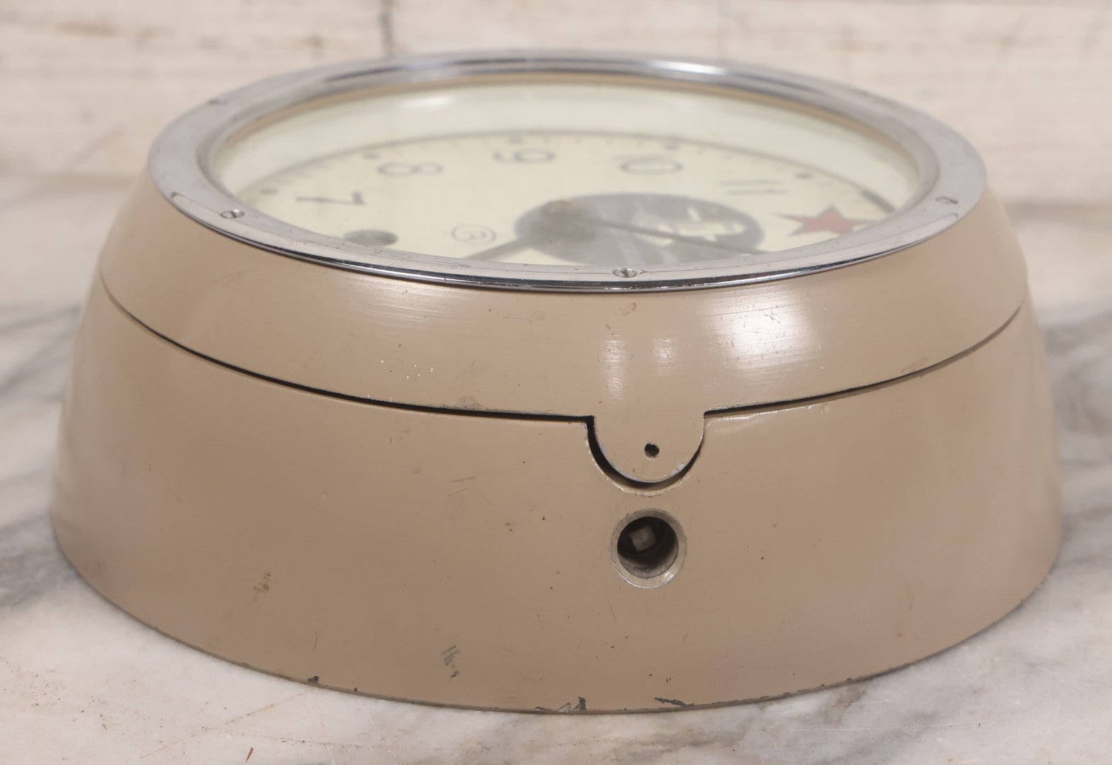 Lot 025 - Vintage Soviet Naval Bulkhead Clock "Komandirskie" With Submarine Logo, Made In U.S.S.R., Vostok Factory, No Key, Untested