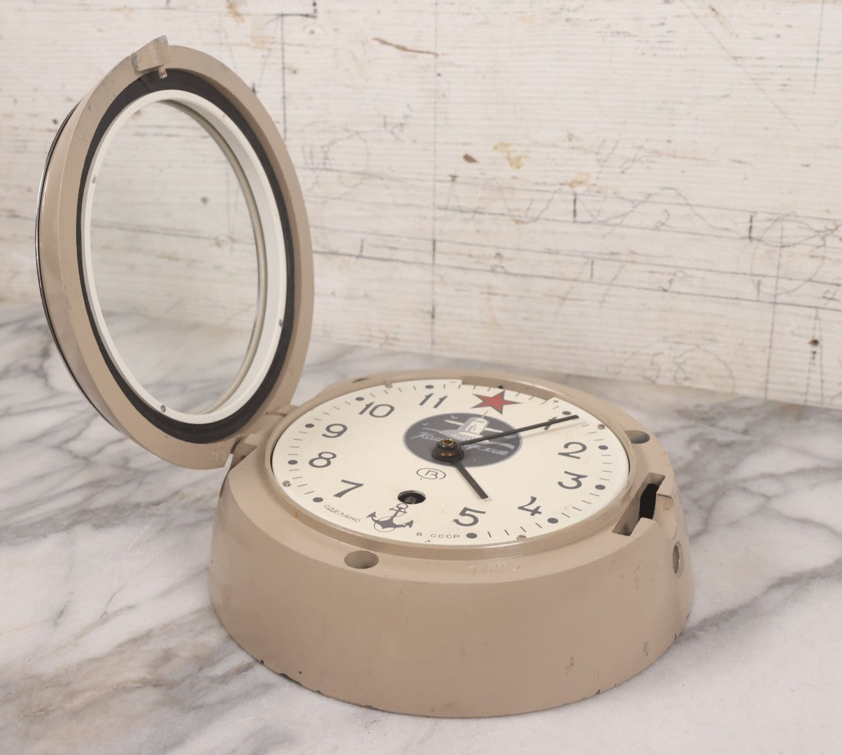 Lot 025 - Vintage Soviet Naval Bulkhead Clock "Komandirskie" With Submarine Logo, Made In U.S.S.R., Vostok Factory, No Key, Untested