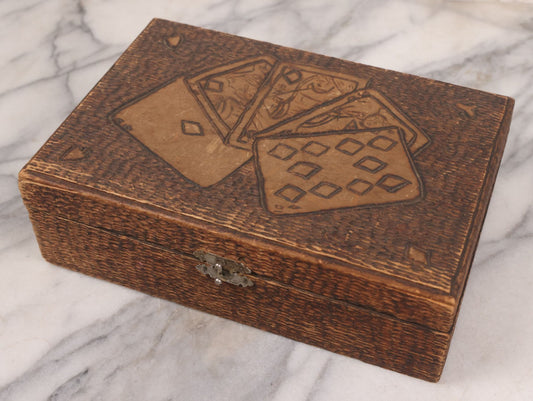 Lot 029 - Antique Folk Art Pyrography Wood Burned Playing Cards Box With Royal Straight Flush Design Burned On Cover, Divided Interior, Metal Latch