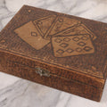 Lot 029 - Antique Folk Art Pyrography Wood Burned Playing Cards Box With Royal Straight Flush Design Burned On Cover, Divided Interior, Metal Latch