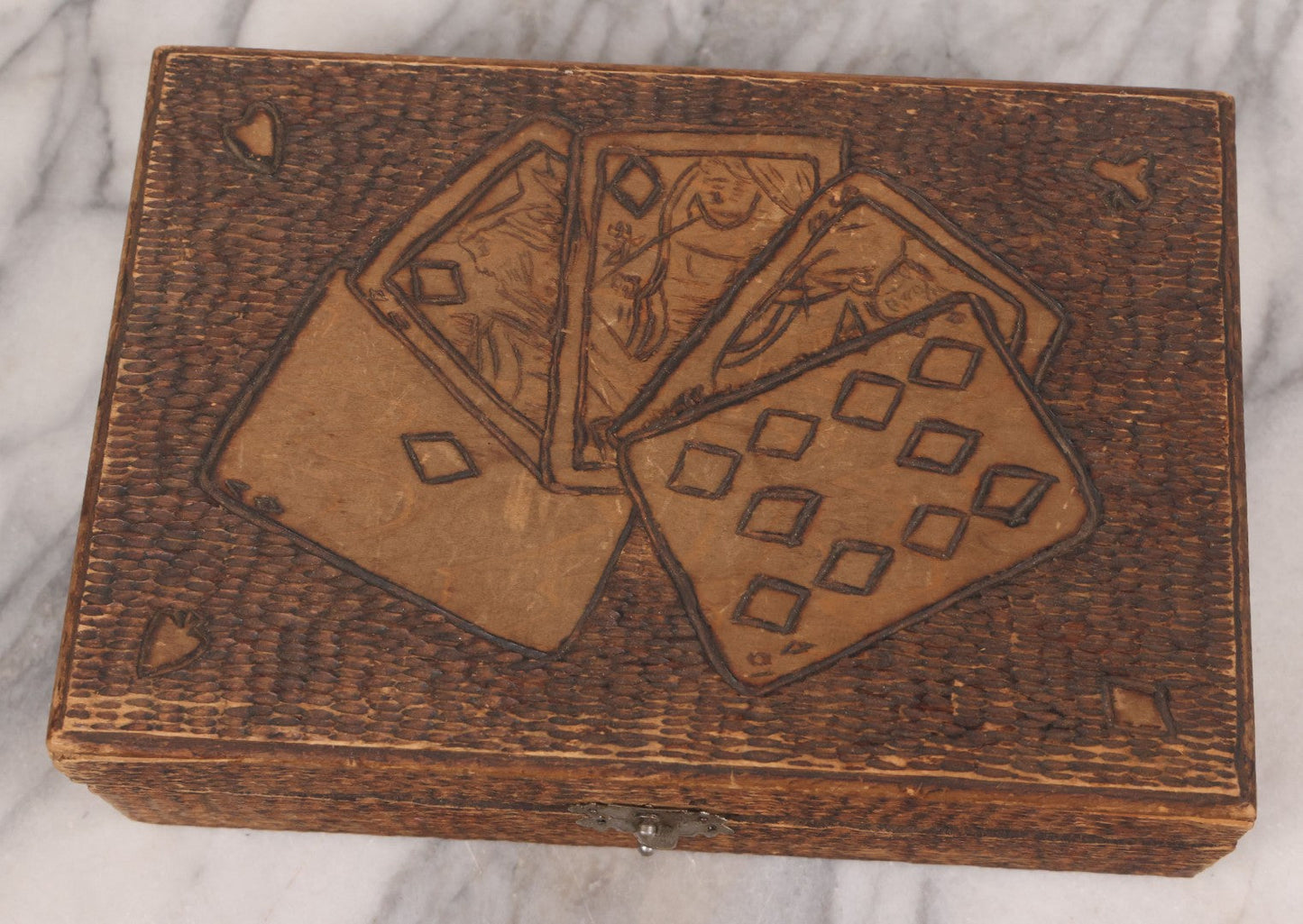 Lot 029 - Antique Folk Art Pyrography Wood Burned Playing Cards Box With Royal Straight Flush Design Burned On Cover, Divided Interior, Metal Latch