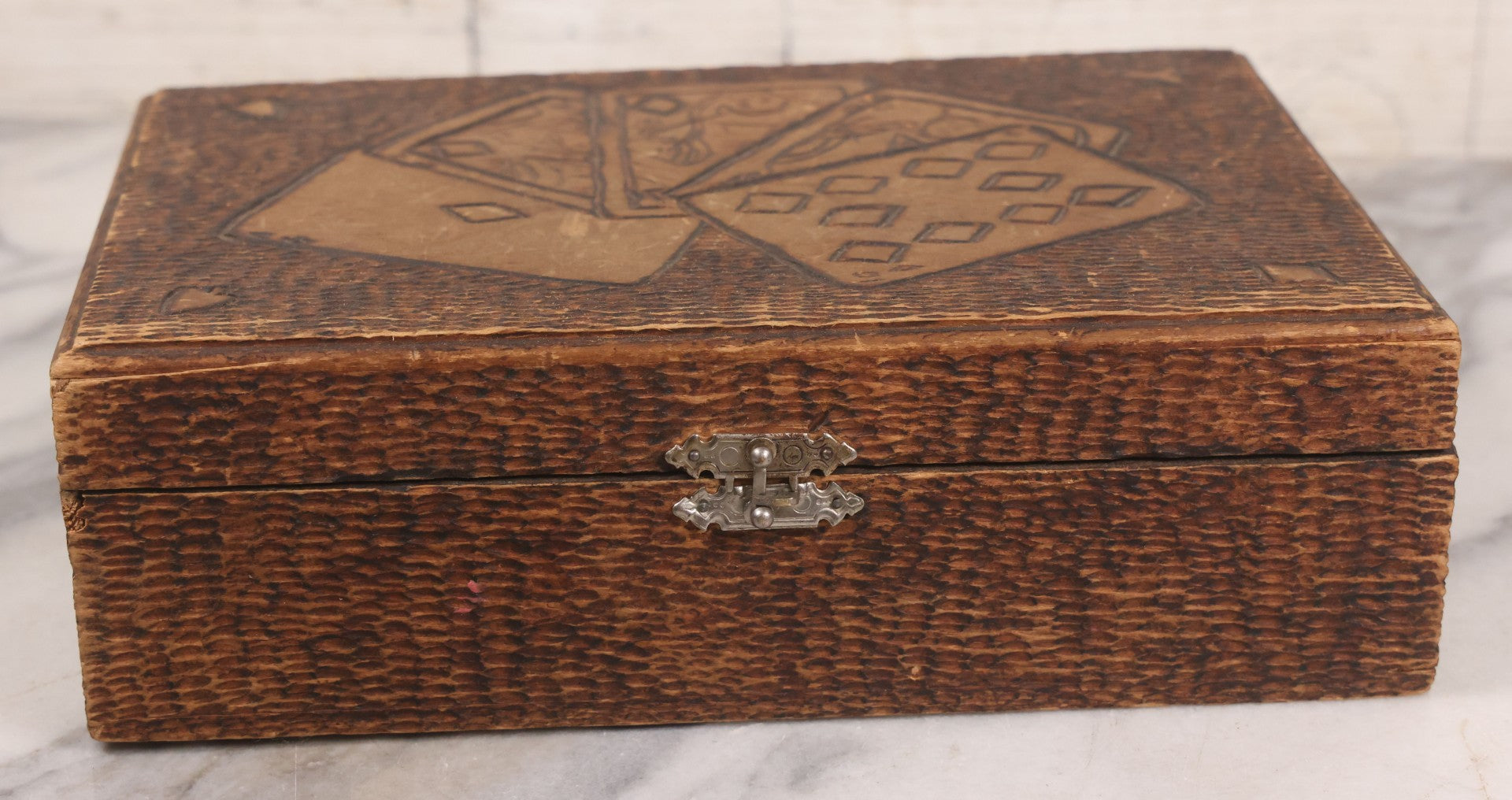 Lot 029 - Antique Folk Art Pyrography Wood Burned Playing Cards Box With Royal Straight Flush Design Burned On Cover, Divided Interior, Metal Latch