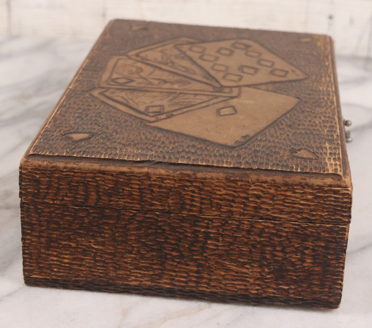 Lot 029 - Antique Folk Art Pyrography Wood Burned Playing Cards Box With Royal Straight Flush Design Burned On Cover, Divided Interior, Metal Latch