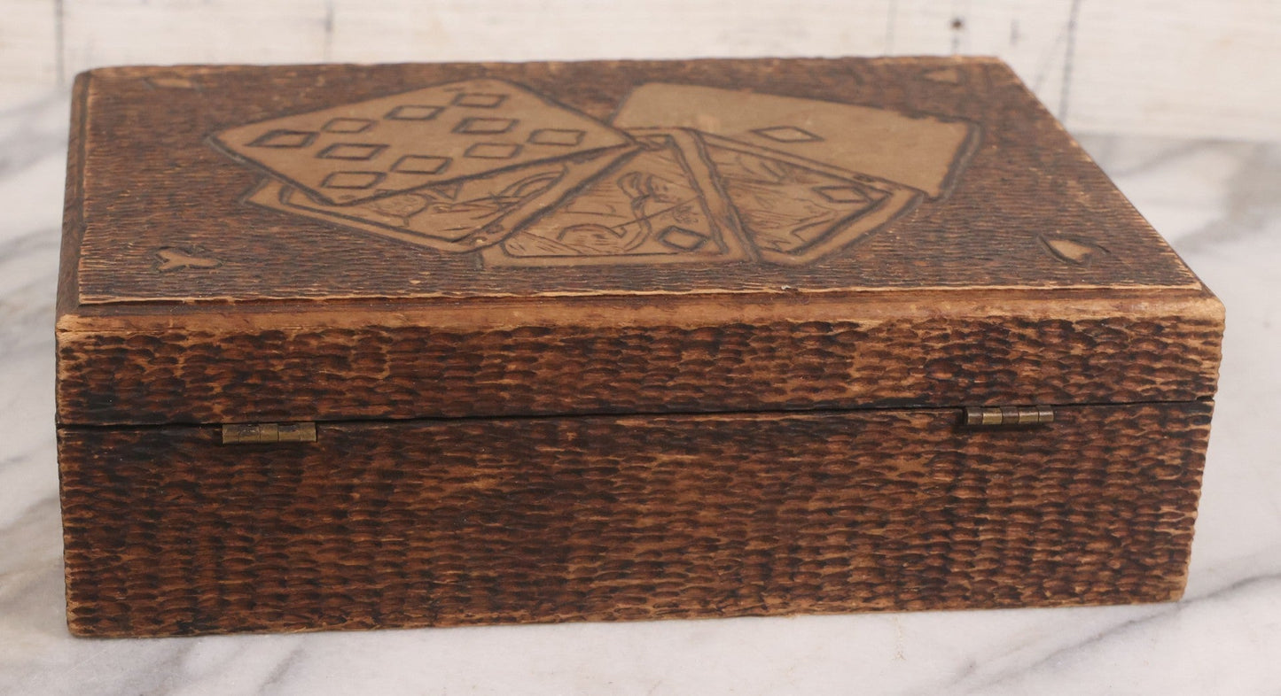 Lot 029 - Antique Folk Art Pyrography Wood Burned Playing Cards Box With Royal Straight Flush Design Burned On Cover, Divided Interior, Metal Latch
