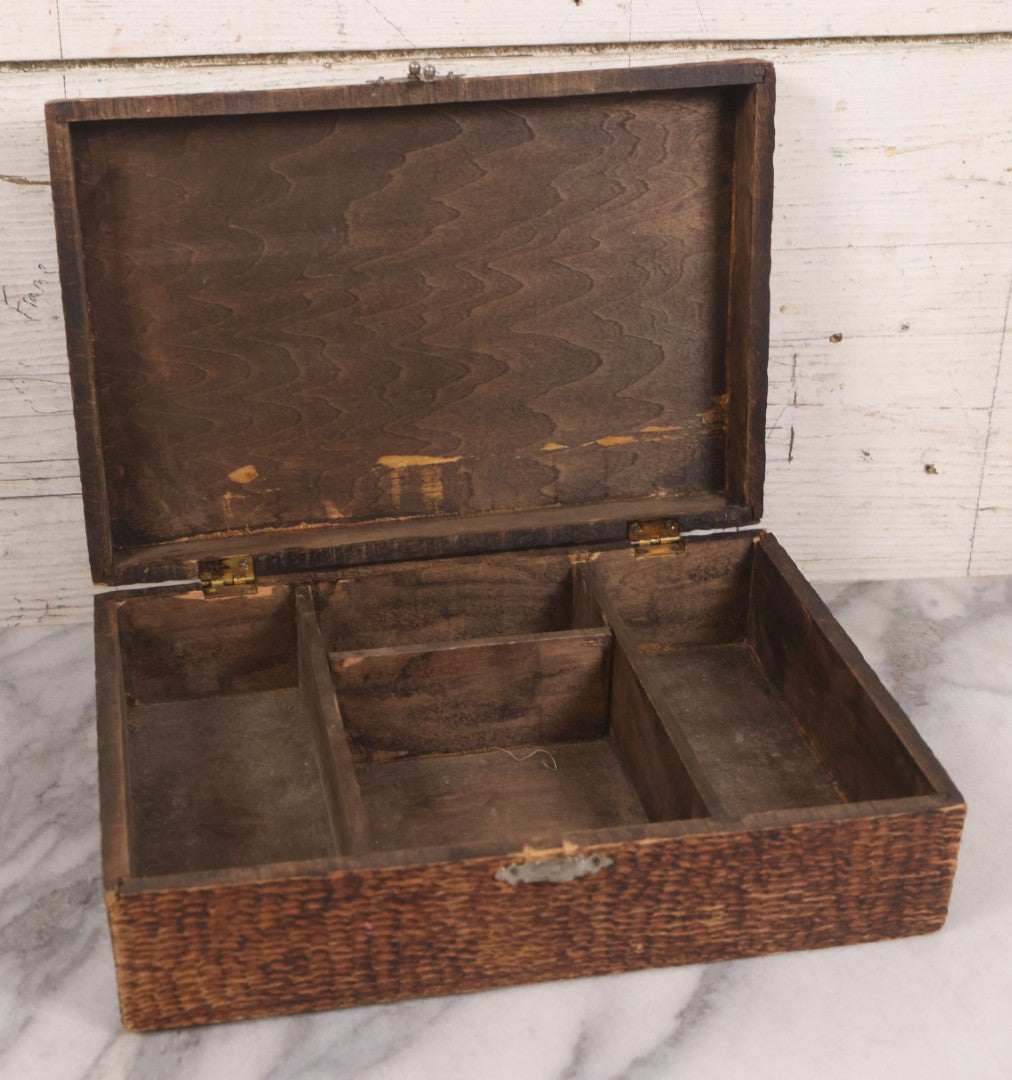 Lot 029 - Antique Folk Art Pyrography Wood Burned Playing Cards Box With Royal Straight Flush Design Burned On Cover, Divided Interior, Metal Latch