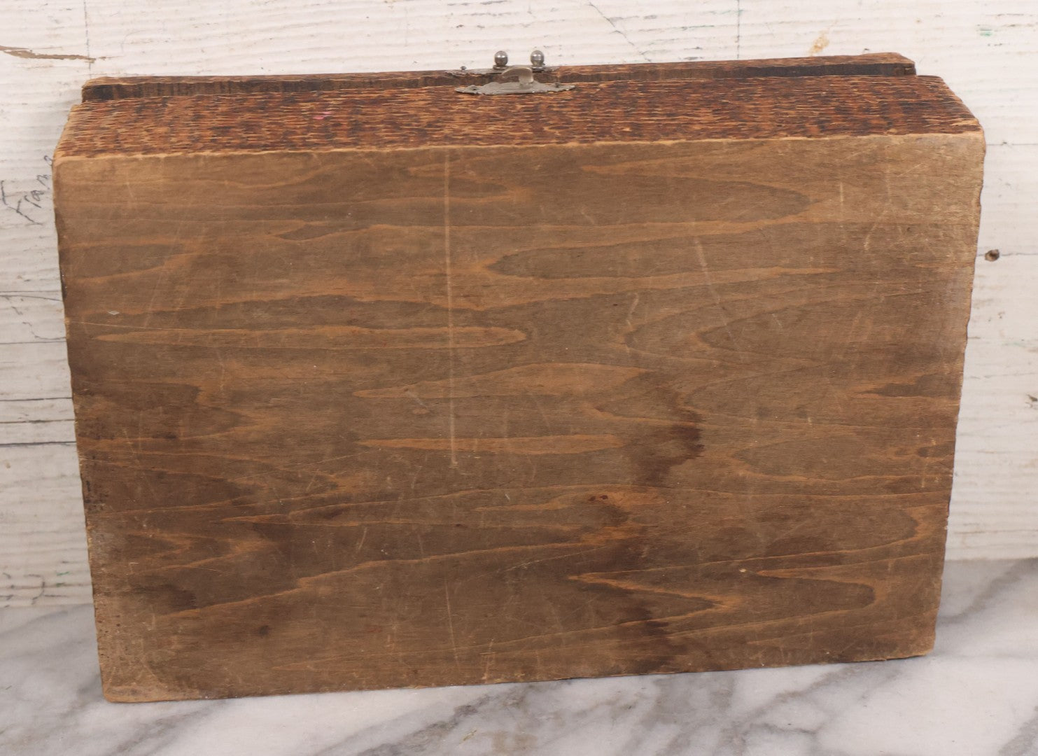 Lot 029 - Antique Folk Art Pyrography Wood Burned Playing Cards Box With Royal Straight Flush Design Burned On Cover, Divided Interior, Metal Latch