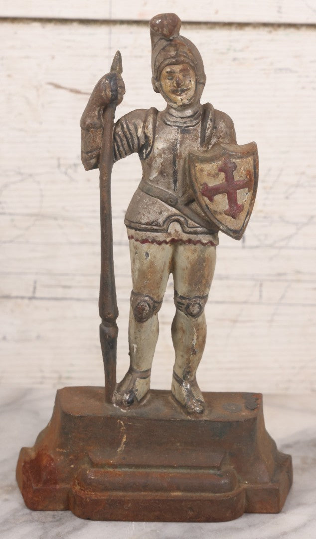 Lot 030 - Antique Cast Iron Knight Crusader Knights Templar Medieval Style Door Stop With Original Paint, 9-1/2" Height