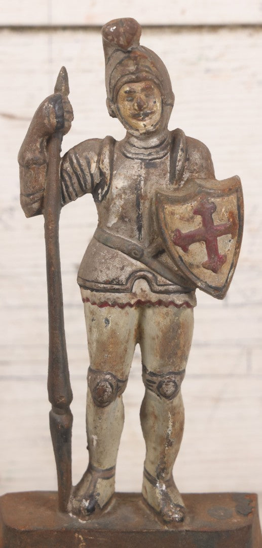 Lot 030 - Antique Cast Iron Knight Crusader Knights Templar Medieval Style Door Stop With Original Paint, 9-1/2" Height