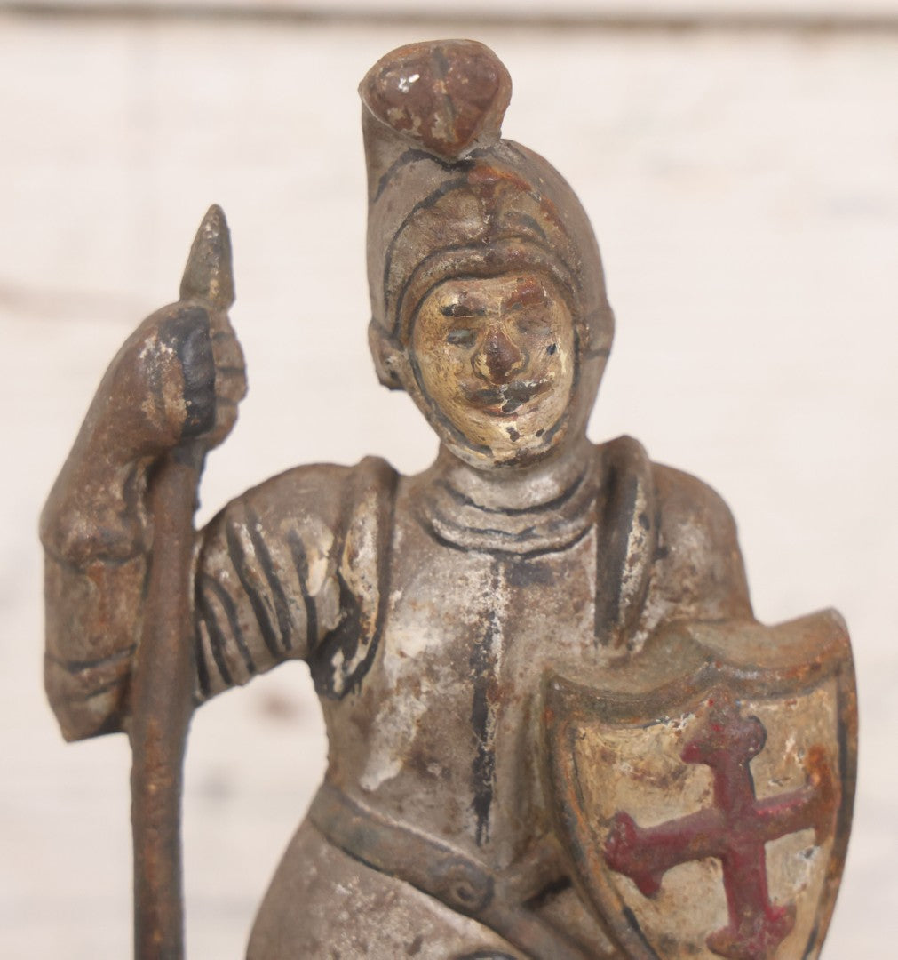 Lot 030 - Antique Cast Iron Knight Crusader Knights Templar Medieval Style Door Stop With Original Paint, 9-1/2" Height