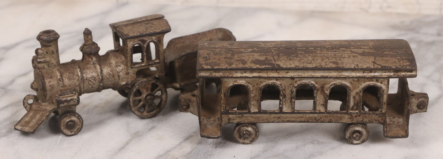 Lot 031 - Vintage Cast Iron Toy Train With Locomotive, Tender, And Passenger Car, Remnants Of Original Silver Paint