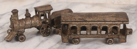 Lot 031 - Vintage Cast Iron Toy Train With Locomotive, Tender, And Passenger Car, Remnants Of Original Silver Paint