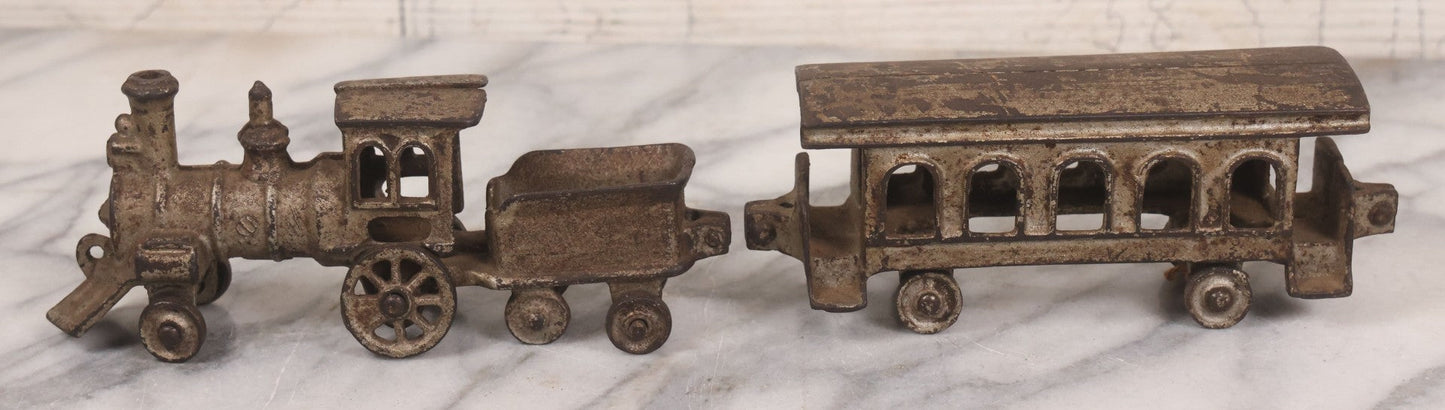 Lot 031 - Vintage Cast Iron Toy Train With Locomotive, Tender, And Passenger Car, Remnants Of Original Silver Paint