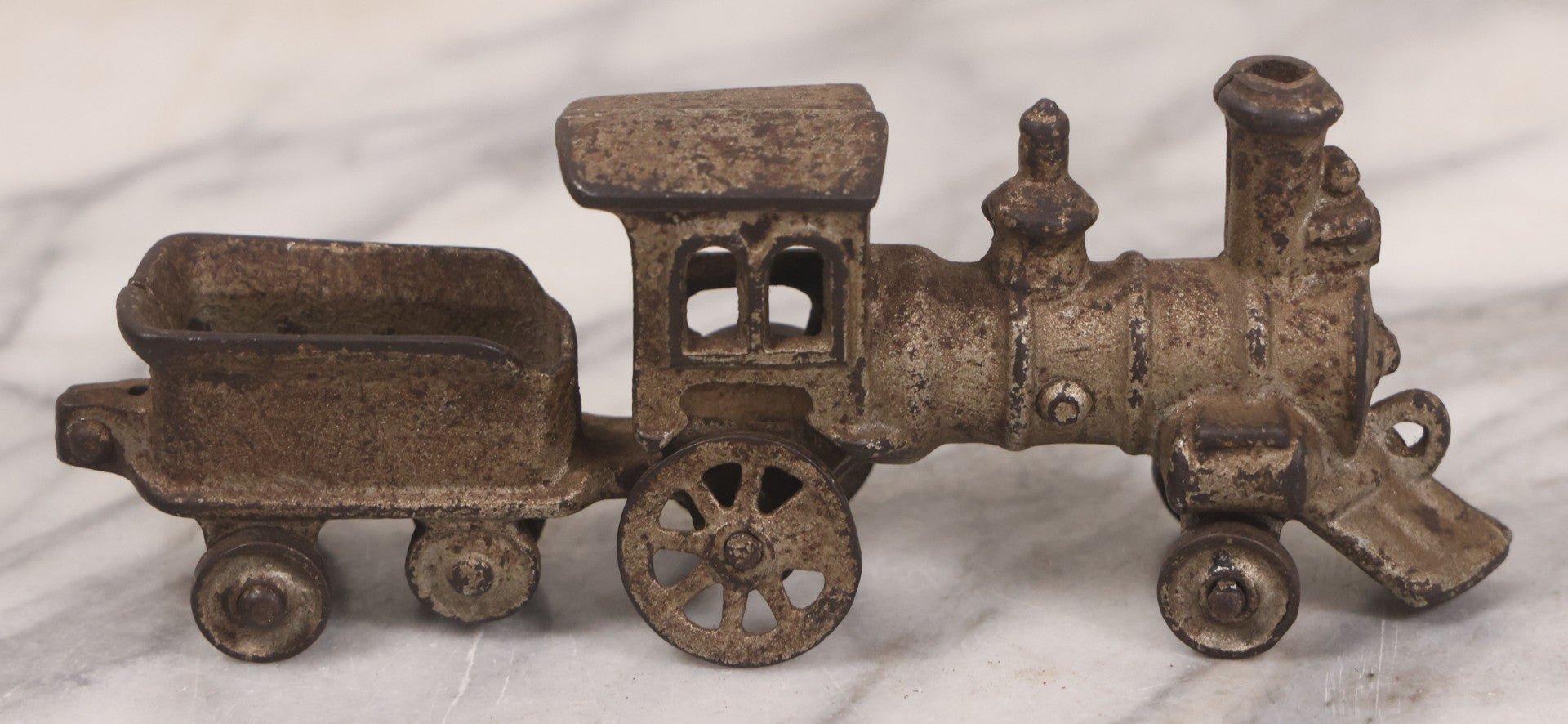 Lot 031 - Vintage Cast Iron Toy Train With Locomotive, Tender, And Passenger Car, Remnants Of Original Silver Paint