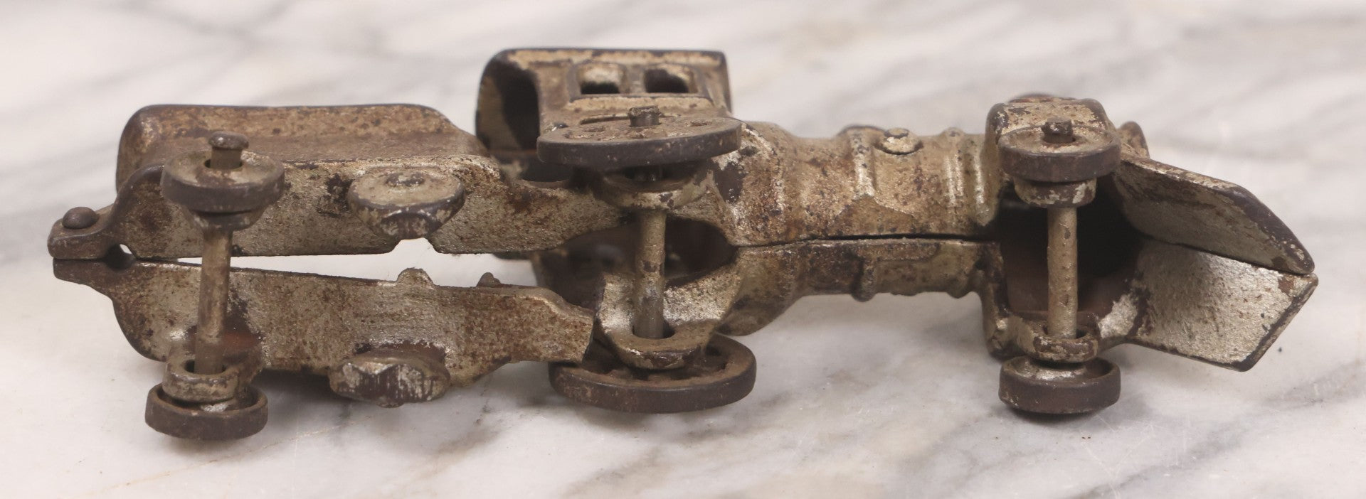 Lot 031 - Vintage Cast Iron Toy Train With Locomotive, Tender, And Passenger Car, Remnants Of Original Silver Paint