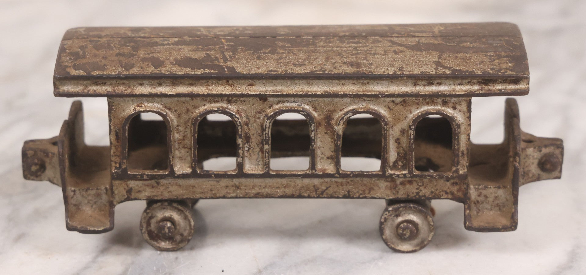 Lot 031 - Vintage Cast Iron Toy Train With Locomotive, Tender, And Passenger Car, Remnants Of Original Silver Paint