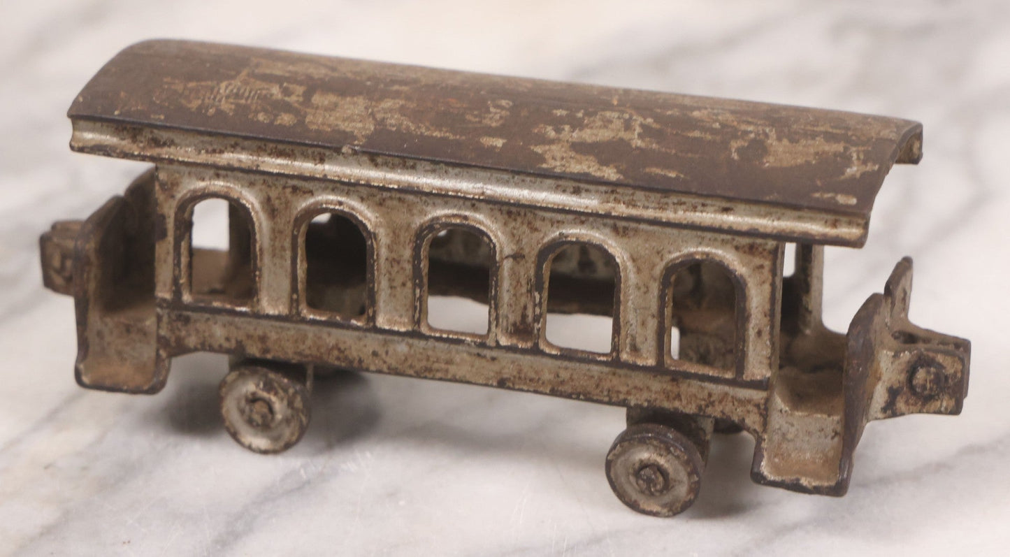 Lot 031 - Vintage Cast Iron Toy Train With Locomotive, Tender, And Passenger Car, Remnants Of Original Silver Paint