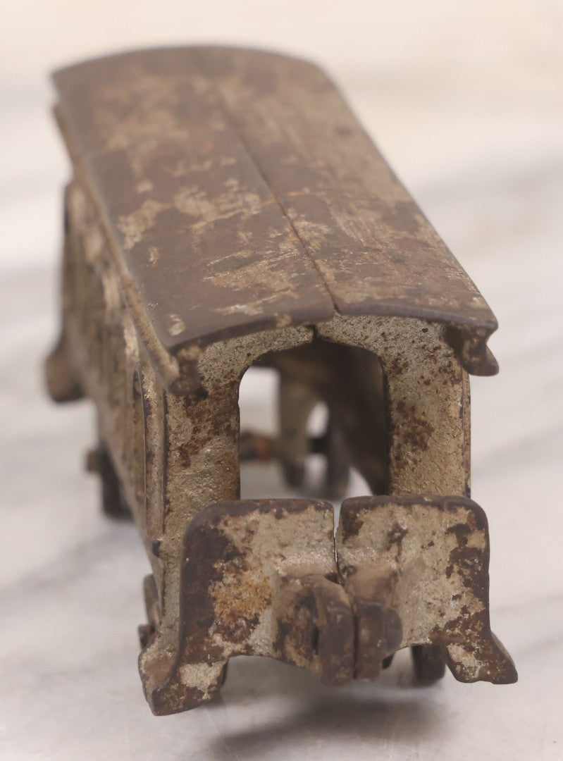 Lot 031 - Vintage Cast Iron Toy Train With Locomotive, Tender, And Passenger Car, Remnants Of Original Silver Paint