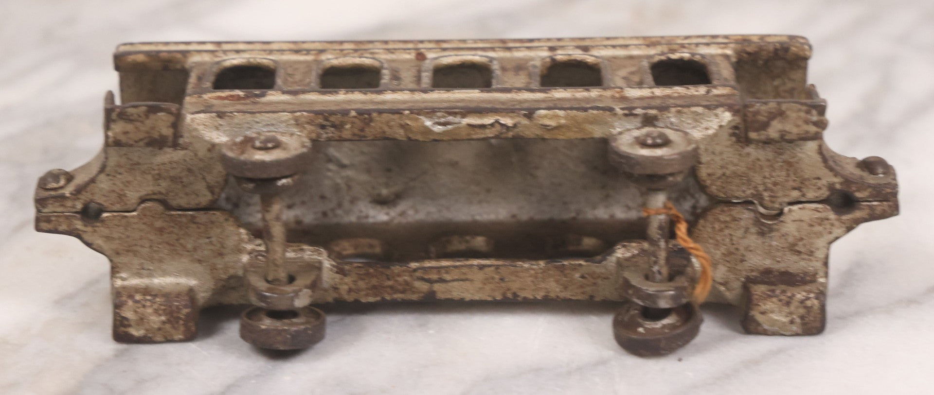 Lot 031 - Vintage Cast Iron Toy Train With Locomotive, Tender, And Passenger Car, Remnants Of Original Silver Paint