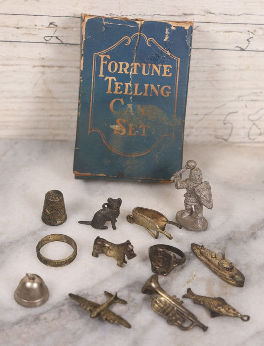 Lot 032 - Vintage Fortune Selling Cake Set, Metal Figurines To Be Hidden In Child's Birthday Cake To Tell Fortune, 12 Pieces With Original Box, Unknown Maker, May Not All Be Original, As Found