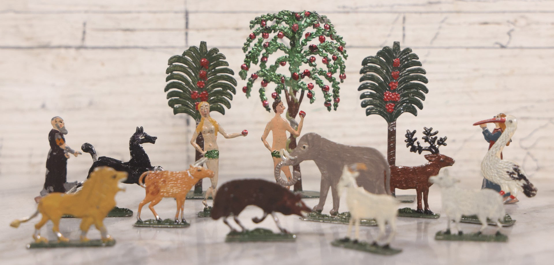 Lot 033 - Antique German Zinnfiguren Flat Pewter Figure Adam And Eve Garden Of Eden Set With Extras, Including Animals, Trees, 16 Pieces Total, Hand Painted