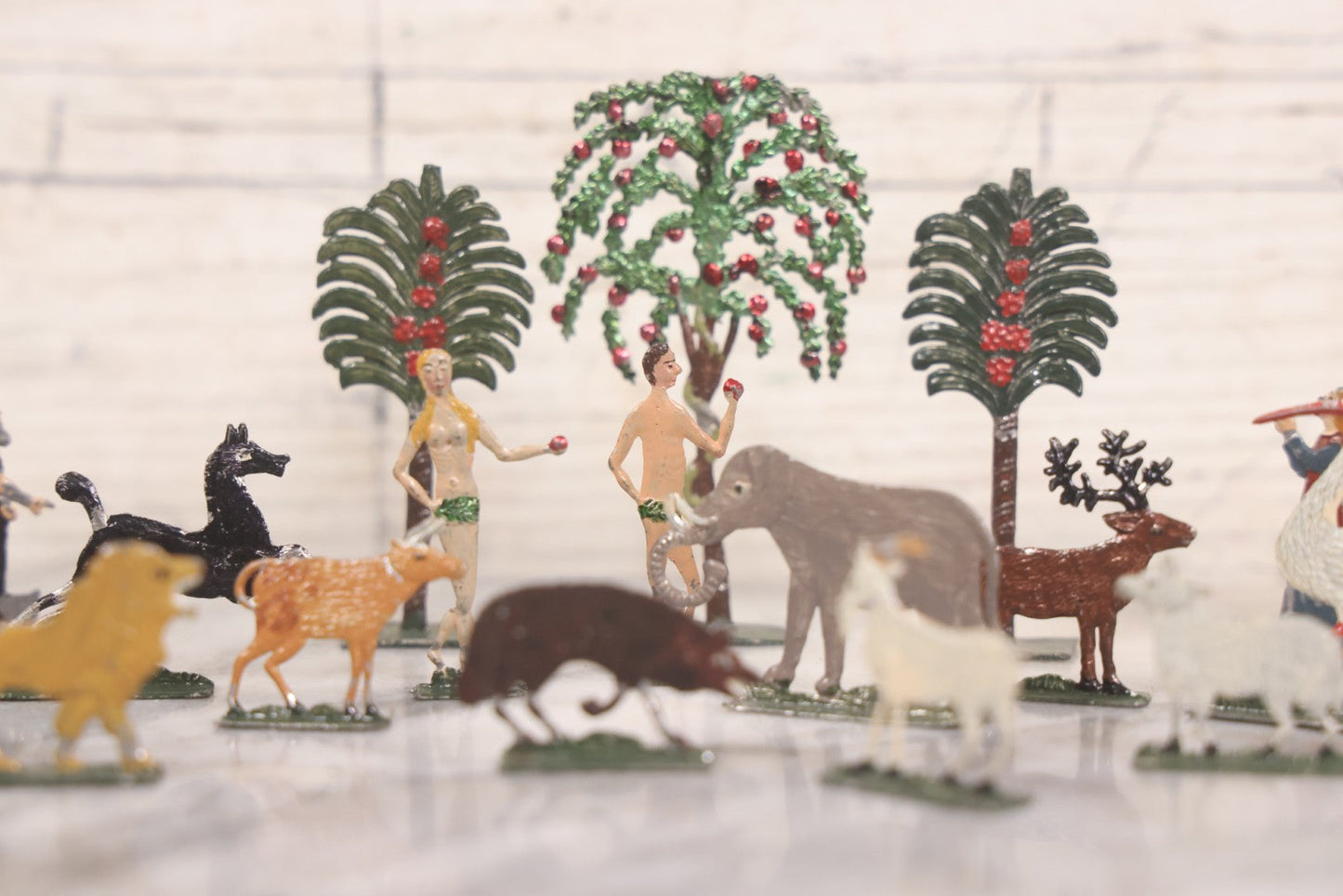 Lot 033 - Antique German Zinnfiguren Flat Pewter Figure Adam And Eve Garden Of Eden Set With Extras, Including Animals, Trees, 16 Pieces Total, Hand Painted