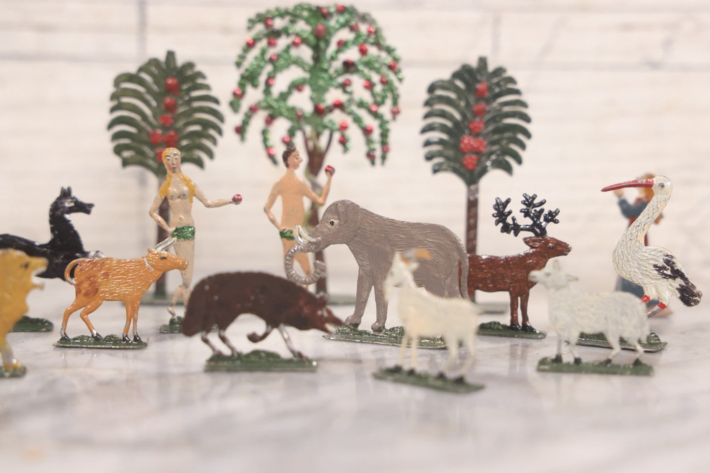 Lot 033 - Antique German Zinnfiguren Flat Pewter Figure Adam And Eve Garden Of Eden Set With Extras, Including Animals, Trees, 16 Pieces Total, Hand Painted