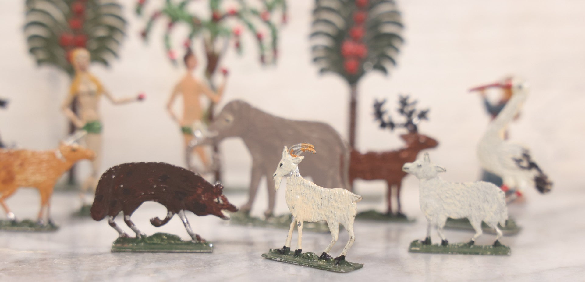 Lot 033 - Antique German Zinnfiguren Flat Pewter Figure Adam And Eve Garden Of Eden Set With Extras, Including Animals, Trees, 16 Pieces Total, Hand Painted