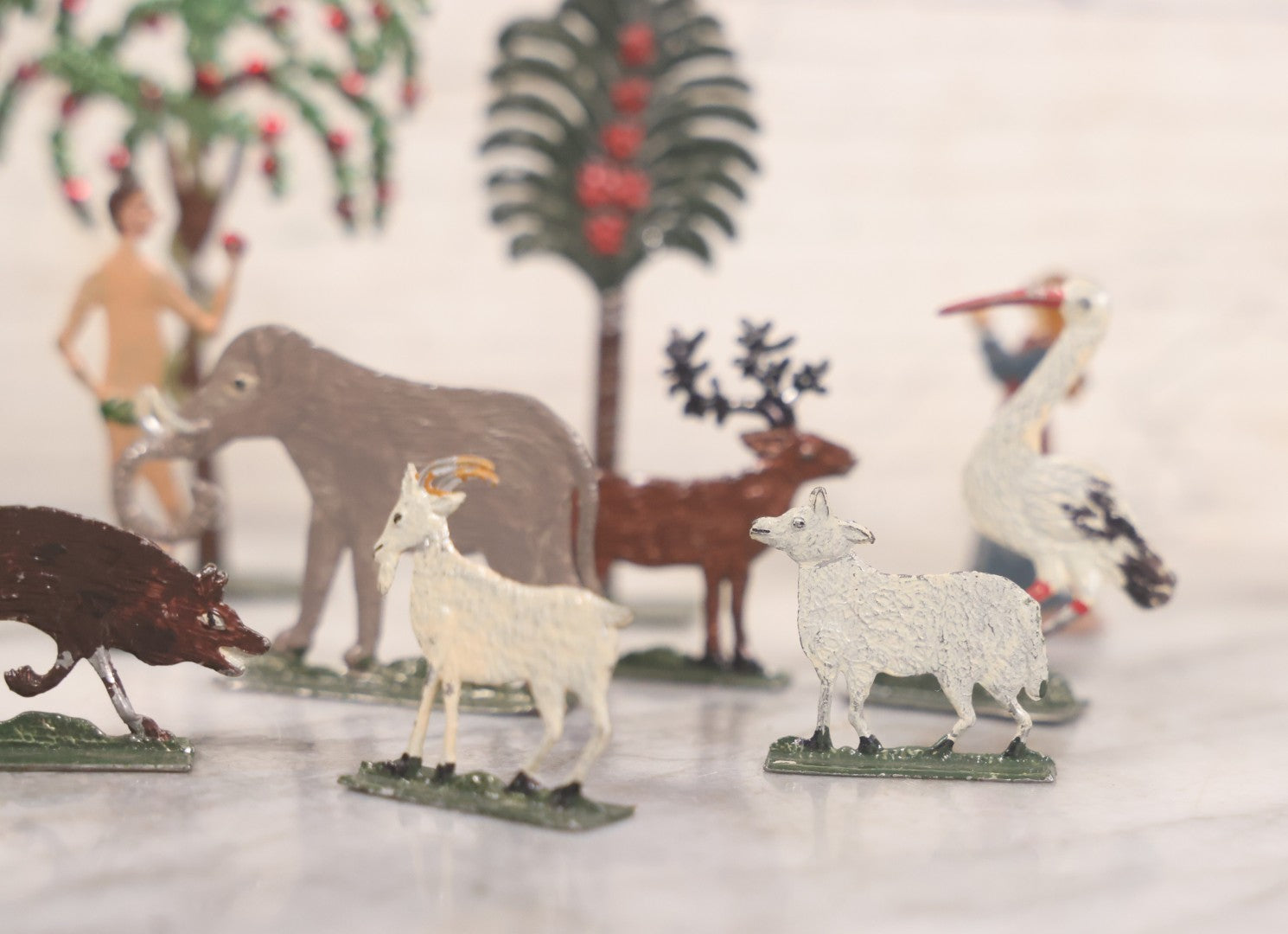 Lot 033 - Antique German Zinnfiguren Flat Pewter Figure Adam And Eve Garden Of Eden Set With Extras, Including Animals, Trees, 16 Pieces Total, Hand Painted