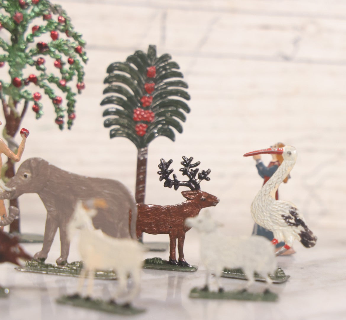 Lot 033 - Antique German Zinnfiguren Flat Pewter Figure Adam And Eve Garden Of Eden Set With Extras, Including Animals, Trees, 16 Pieces Total, Hand Painted
