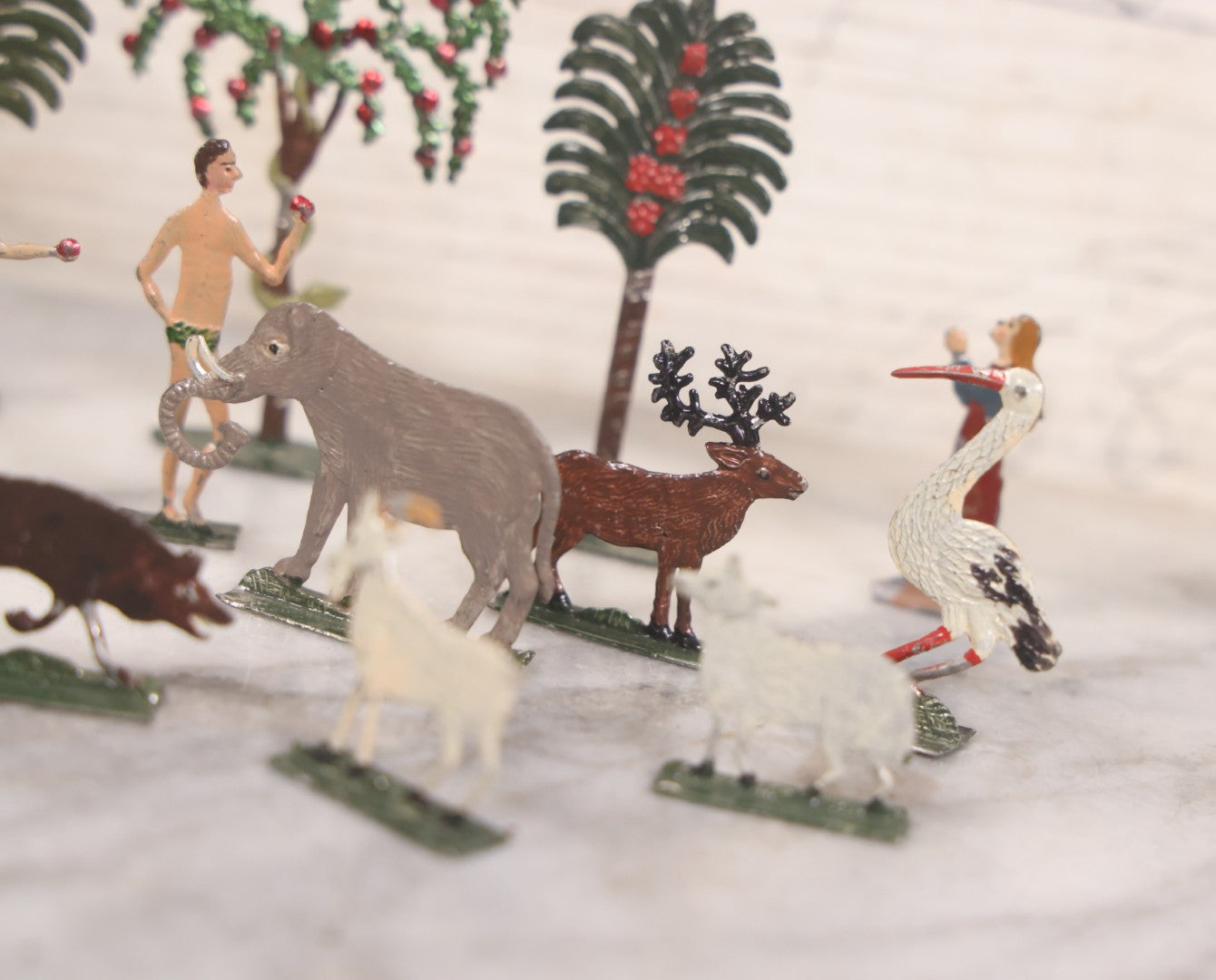 Lot 033 - Antique German Zinnfiguren Flat Pewter Figure Adam And Eve Garden Of Eden Set With Extras, Including Animals, Trees, 16 Pieces Total, Hand Painted