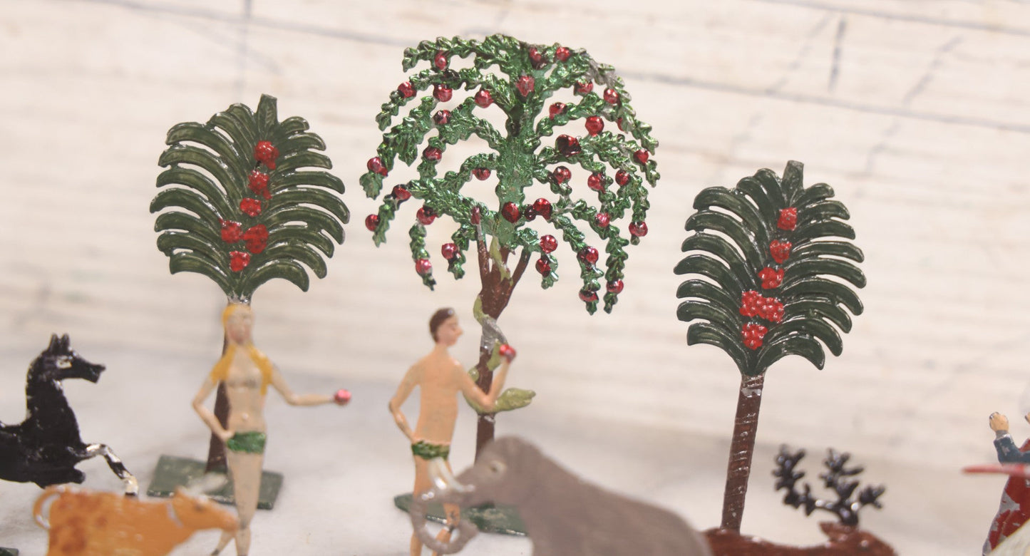 Lot 033 - Antique German Zinnfiguren Flat Pewter Figure Adam And Eve Garden Of Eden Set With Extras, Including Animals, Trees, 16 Pieces Total, Hand Painted