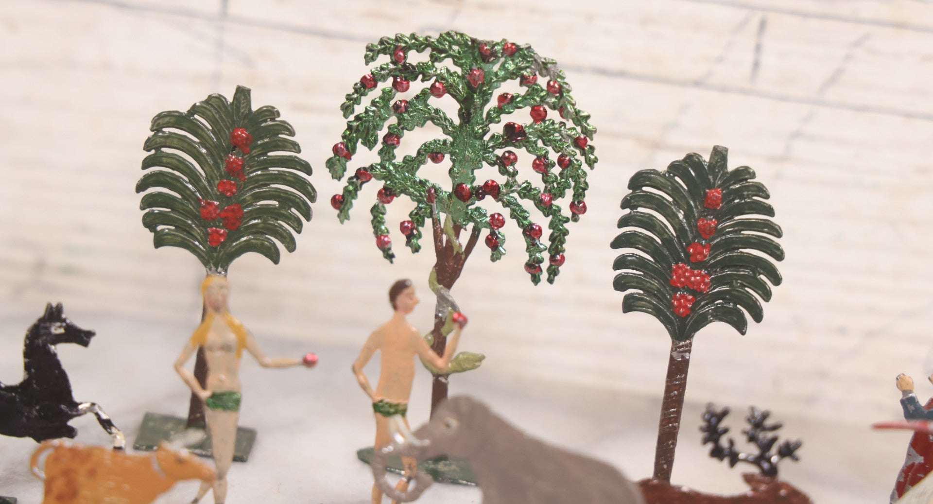 Lot 033 - Antique German Zinnfiguren Flat Pewter Figure Adam And Eve Garden Of Eden Set With Extras, Including Animals, Trees, 16 Pieces Total, Hand Painted