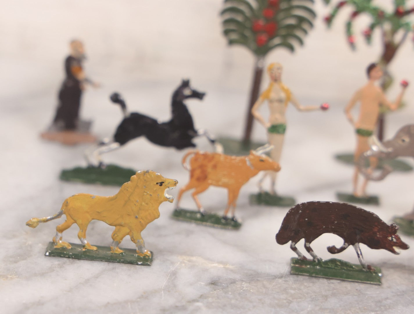 Lot 033 - Antique German Zinnfiguren Flat Pewter Figure Adam And Eve Garden Of Eden Set With Extras, Including Animals, Trees, 16 Pieces Total, Hand Painted