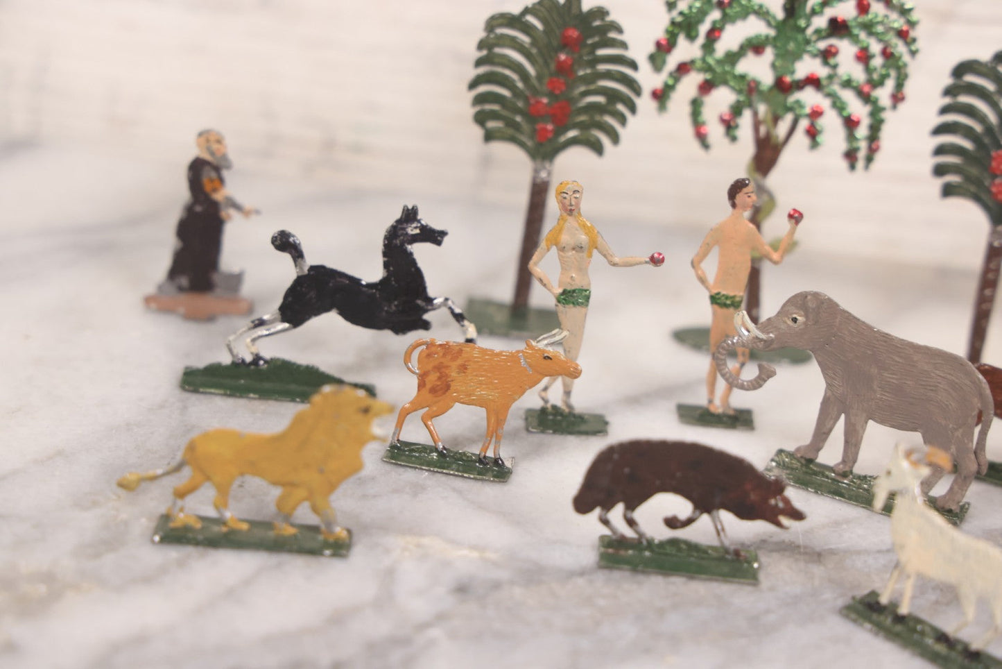 Lot 033 - Antique German Zinnfiguren Flat Pewter Figure Adam And Eve Garden Of Eden Set With Extras, Including Animals, Trees, 16 Pieces Total, Hand Painted