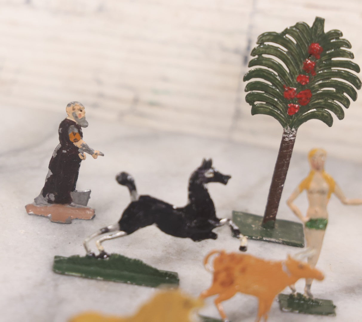 Lot 033 - Antique German Zinnfiguren Flat Pewter Figure Adam And Eve Garden Of Eden Set With Extras, Including Animals, Trees, 16 Pieces Total, Hand Painted