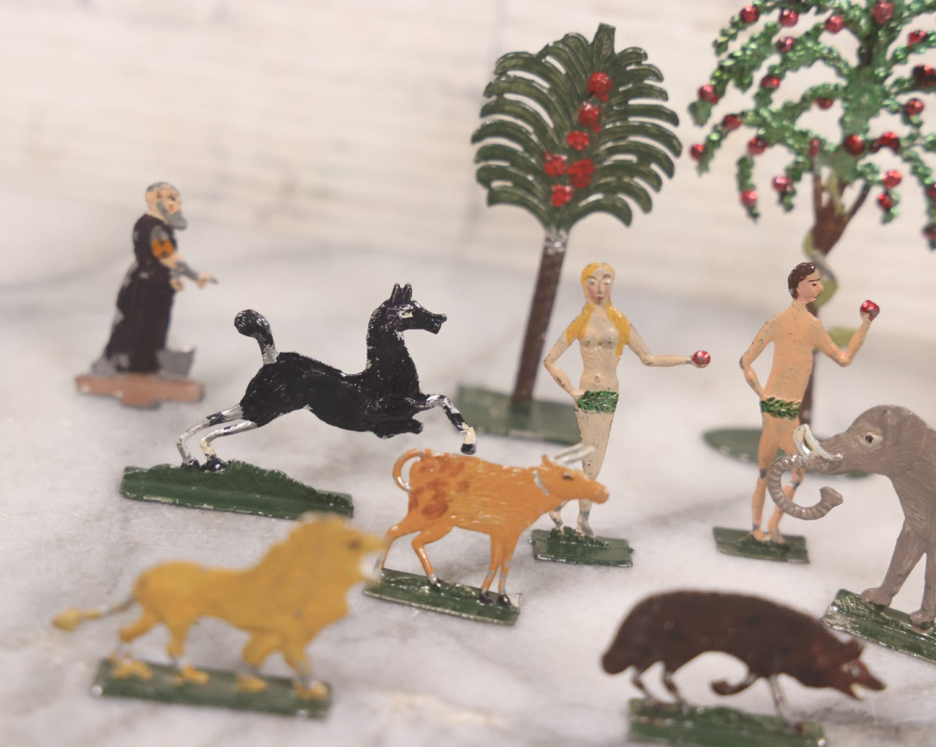 Lot 033 - Antique German Zinnfiguren Flat Pewter Figure Adam And Eve Garden Of Eden Set With Extras, Including Animals, Trees, 16 Pieces Total, Hand Painted