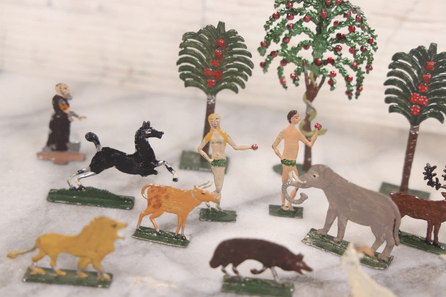 Lot 033 - Antique German Zinnfiguren Flat Pewter Figure Adam And Eve Garden Of Eden Set With Extras, Including Animals, Trees, 16 Pieces Total, Hand Painted