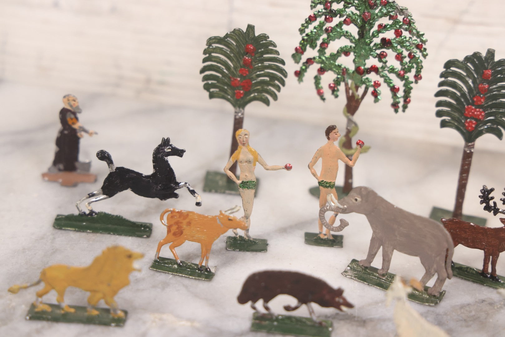 Lot 033 - Antique German Zinnfiguren Flat Pewter Figure Adam And Eve Garden Of Eden Set With Extras, Including Animals, Trees, 16 Pieces Total, Hand Painted