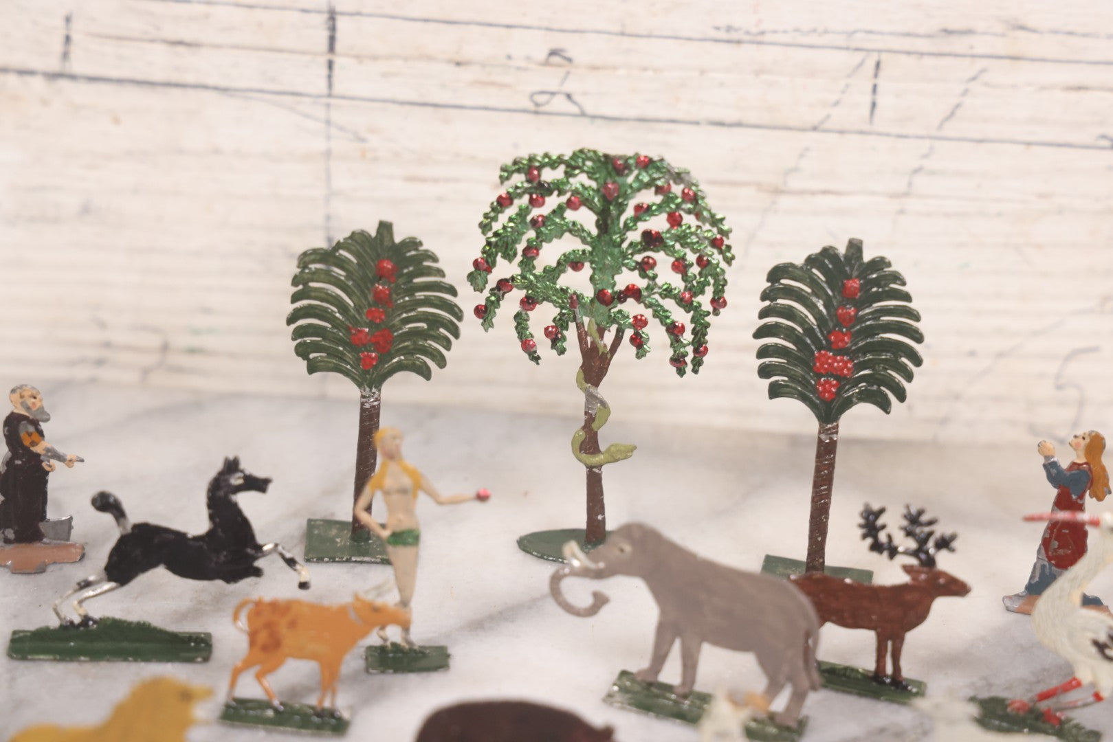 Lot 033 - Antique German Zinnfiguren Flat Pewter Figure Adam And Eve Garden Of Eden Set With Extras, Including Animals, Trees, 16 Pieces Total, Hand Painted