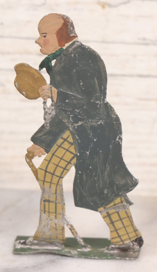 Lot 034 - Single Antique German Zinnfiguren Flat Pewter Figure Of Scholarly Man In Checkered Pants, Hat, And Cane, Hand Painted