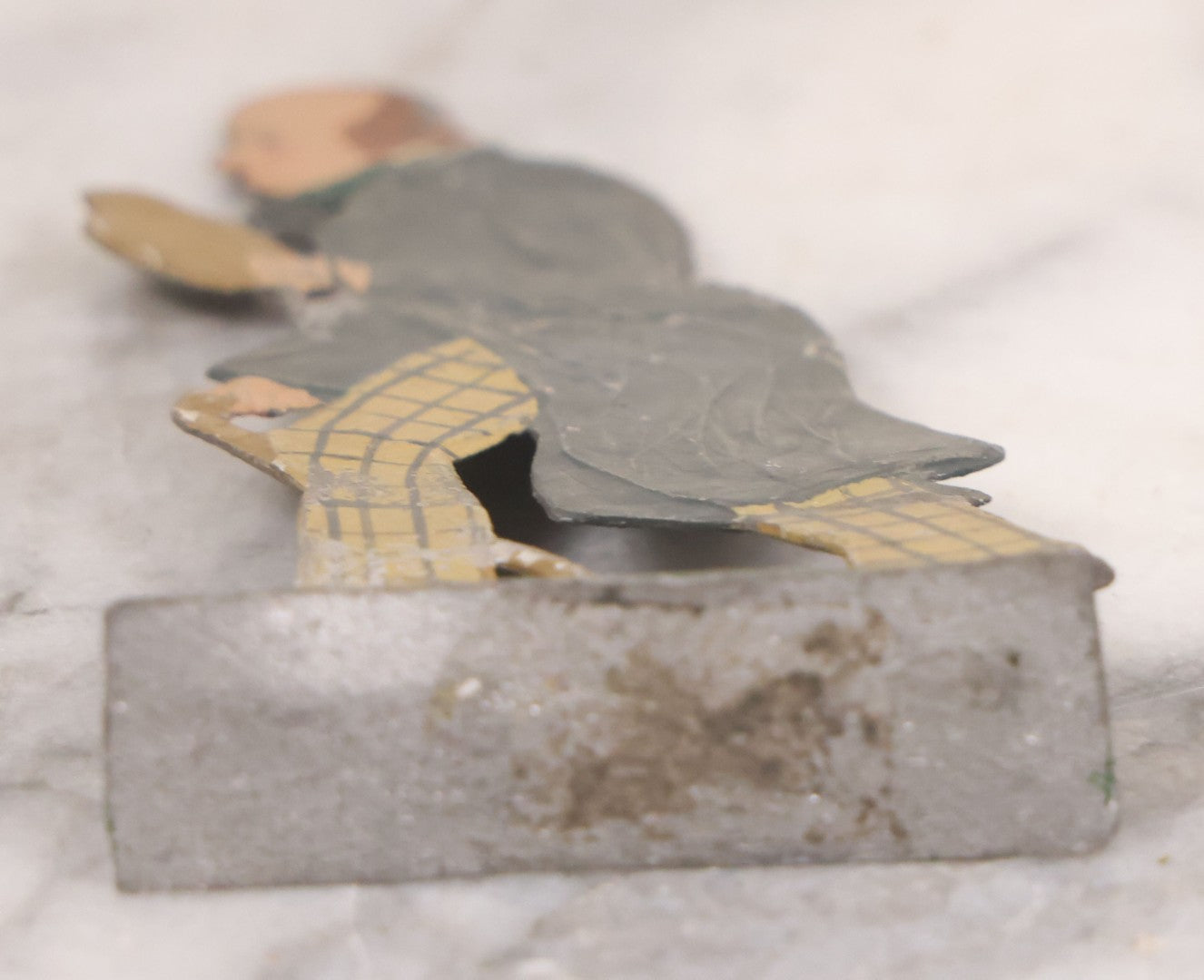 Lot 034 - Single Antique German Zinnfiguren Flat Pewter Figure Of Scholarly Man In Checkered Pants, Hat, And Cane, Hand Painted