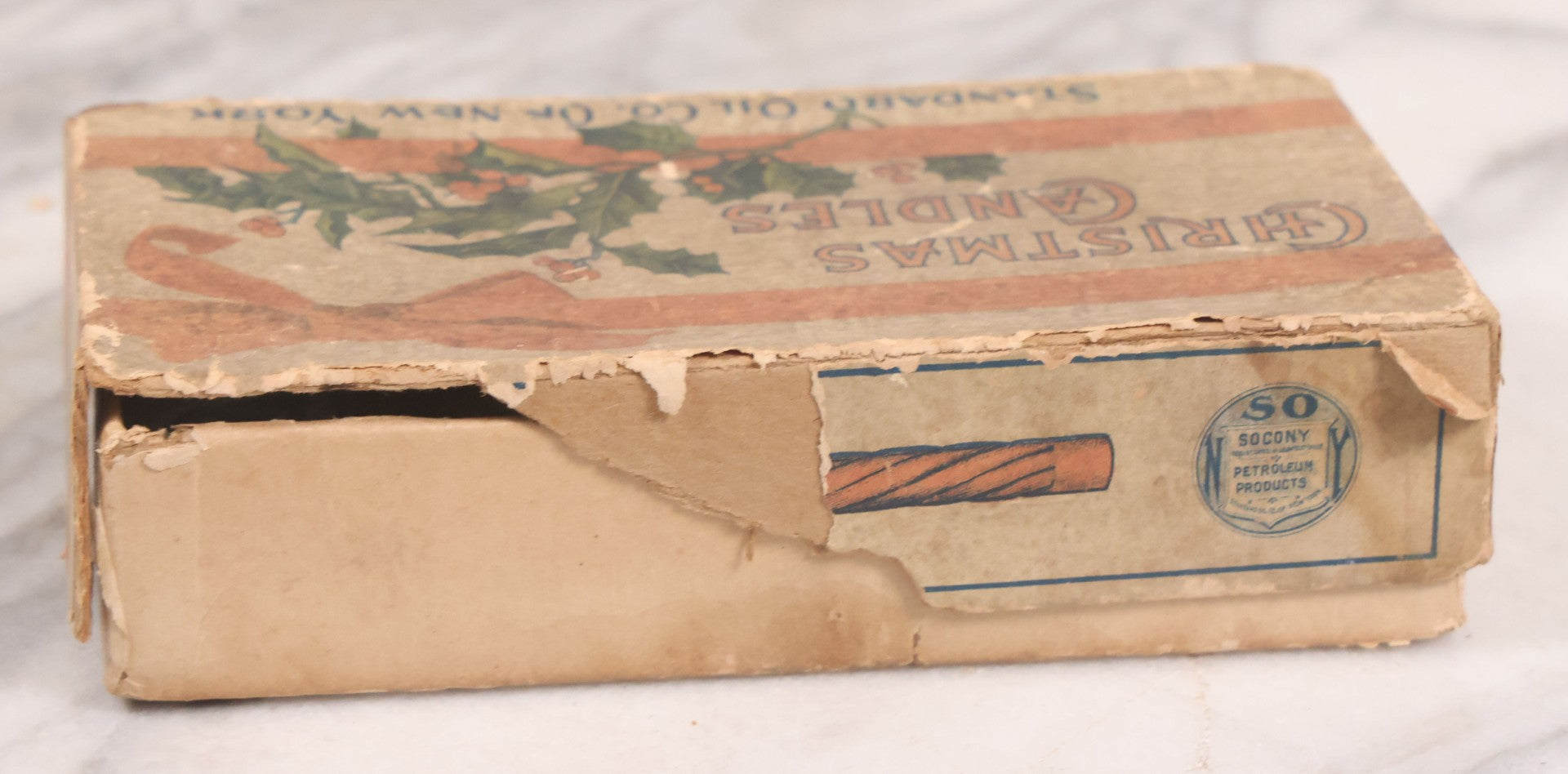 Lot 035 - Antique Christmas Candles Set In Original Box, Manufactured By Standard Oil Company Of New York, "Socony Petroleum Products," Note Wear And Tear Throughout, Does Not Contain Original Candles