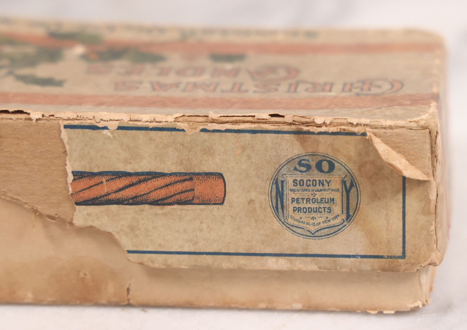 Lot 035 - Antique Christmas Candles Set In Original Box, Manufactured By Standard Oil Company Of New York, "Socony Petroleum Products," Note Wear And Tear Throughout, Does Not Contain Original Candles