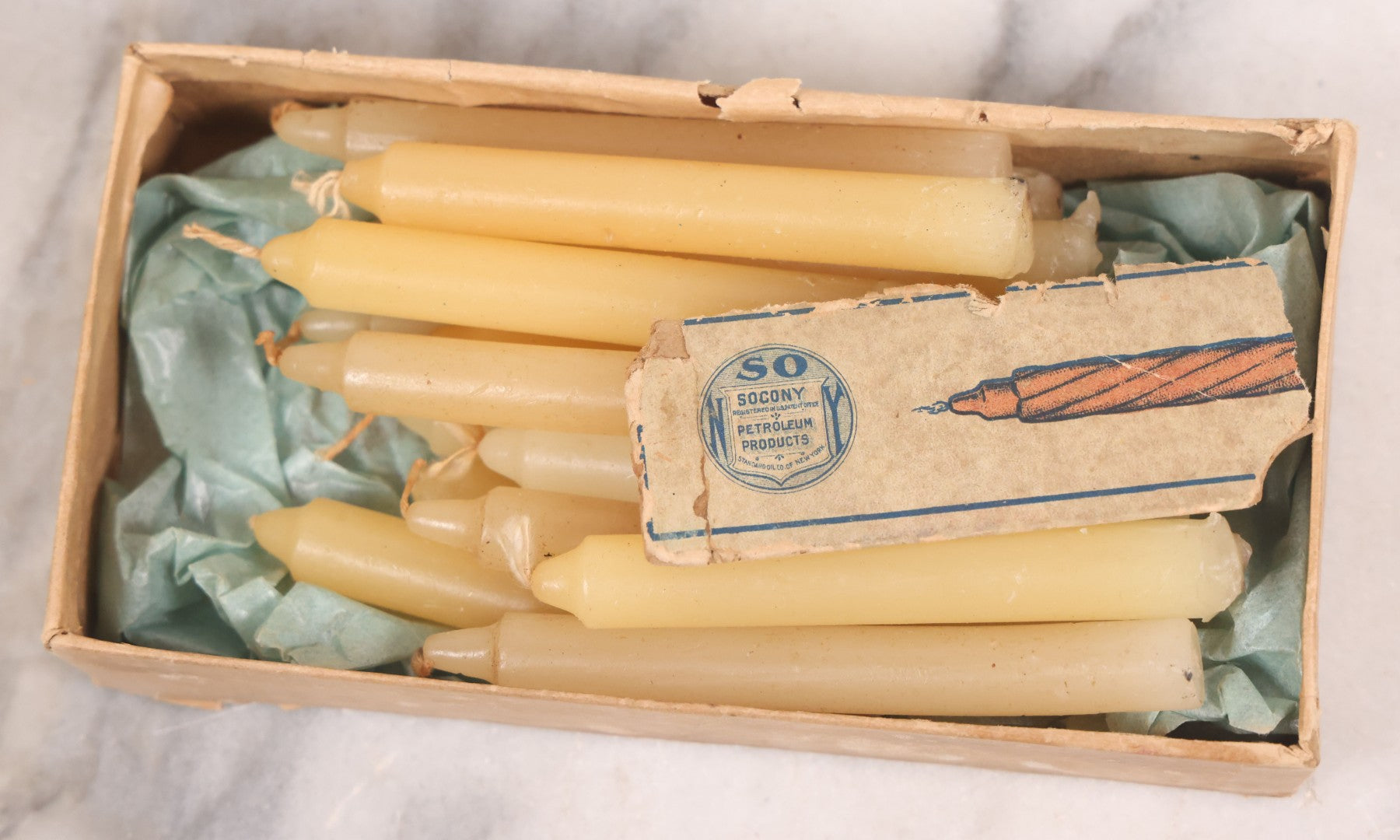 Lot 035 - Antique Christmas Candles Set In Original Box, Manufactured By Standard Oil Company Of New York, "Socony Petroleum Products," Note Wear And Tear Throughout, Does Not Contain Original Candles