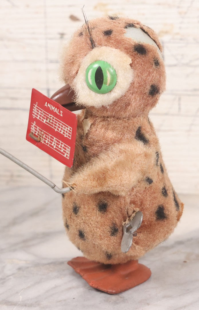 Lot 036 - Vintage Wind Up Music Conductor Owl Toy With Tin Lithograph "Animals" Sheet Music, Felt Covering, Rubber Feet, Made In Japan, Note Works Intermittently, 6" Height