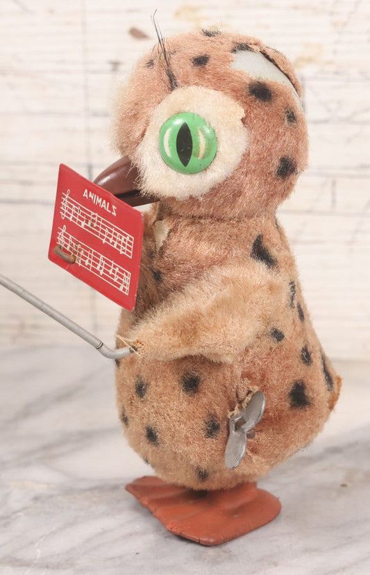 Lot 036 - Vintage Wind Up Music Conductor Owl Toy With Tin Lithograph "Animals" Sheet Music, Felt Covering, Rubber Feet, Made In Japan, Note Works Intermittently, 6" Height