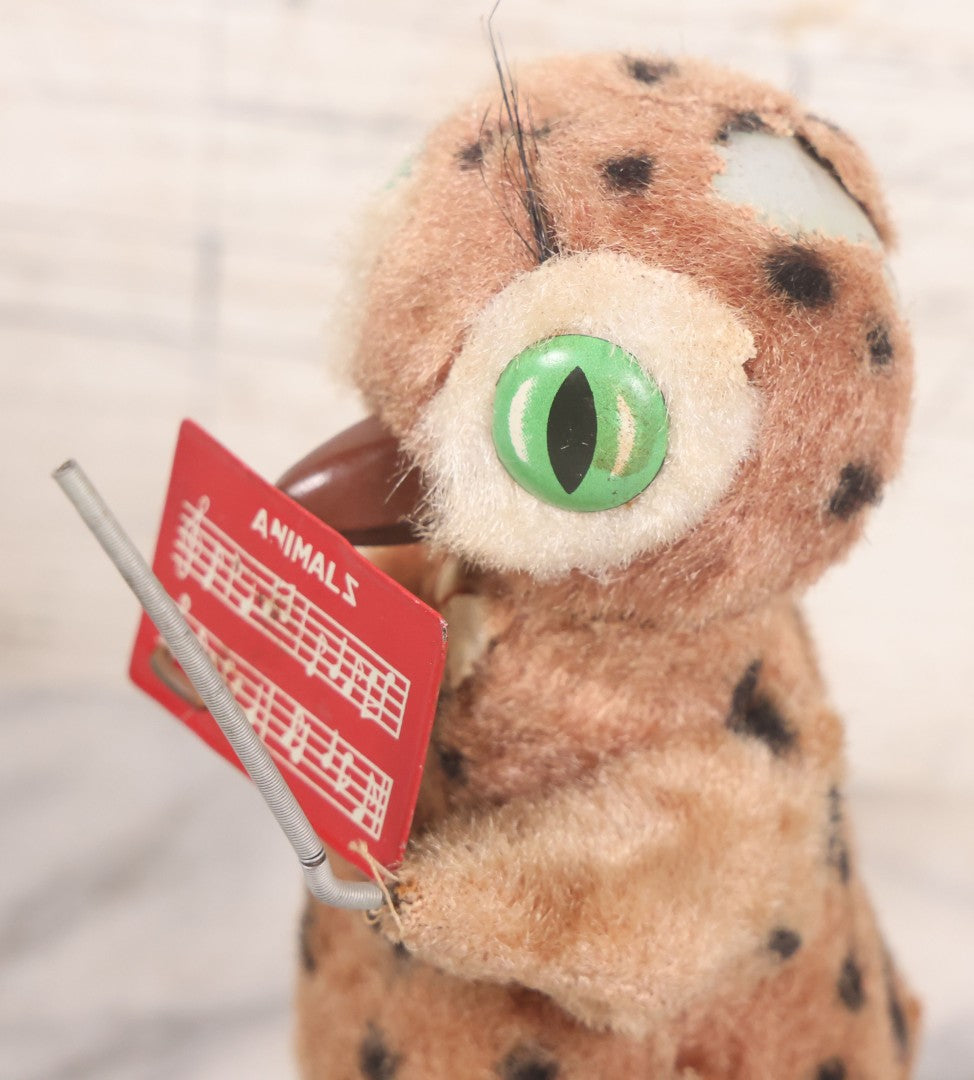 Lot 036 - Vintage Wind Up Music Conductor Owl Toy With Tin Lithograph "Animals" Sheet Music, Felt Covering, Rubber Feet, Made In Japan, Note Works Intermittently, 6" Height